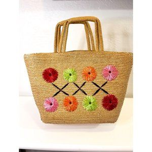 Vintage Straw Woven Rattan Shopper Tote Beach Bag w Embroidered  Flowers